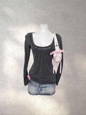 LOFT Empire Waist Long Sleeve Babydoll Top w/ Beaded Scoop Neck | Y2K Indie Slea